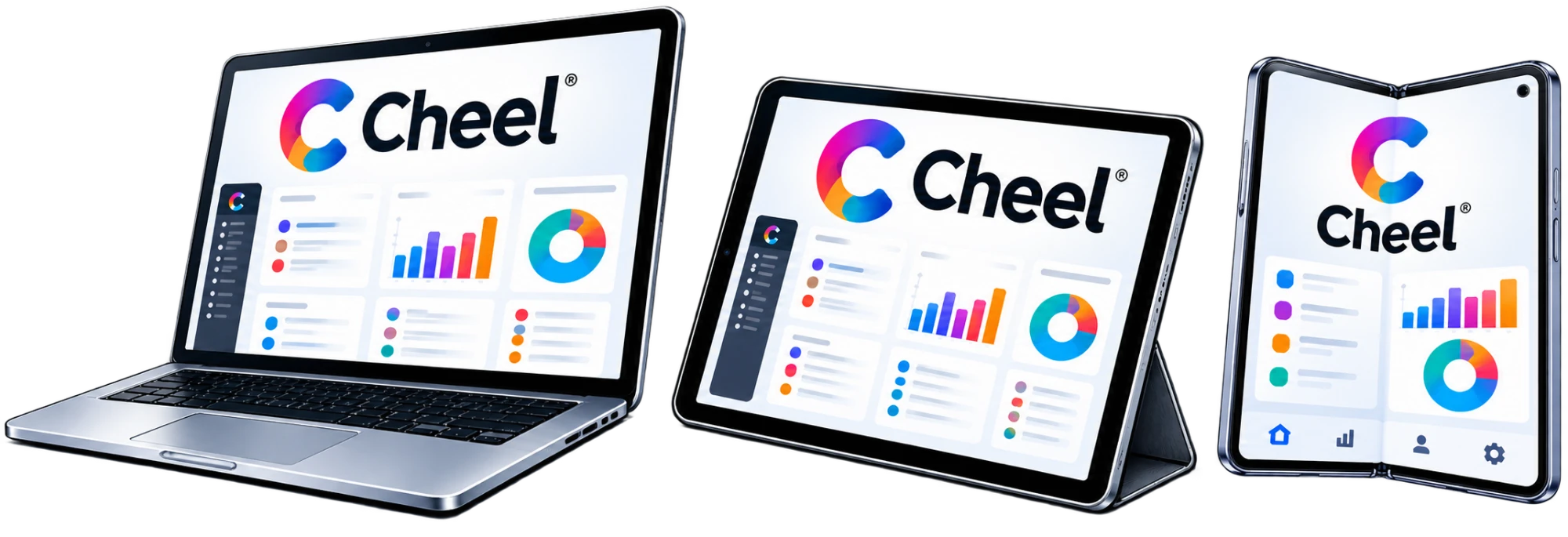 Cheel sur un ordinateur portable, une tablette et un téléphone pliant